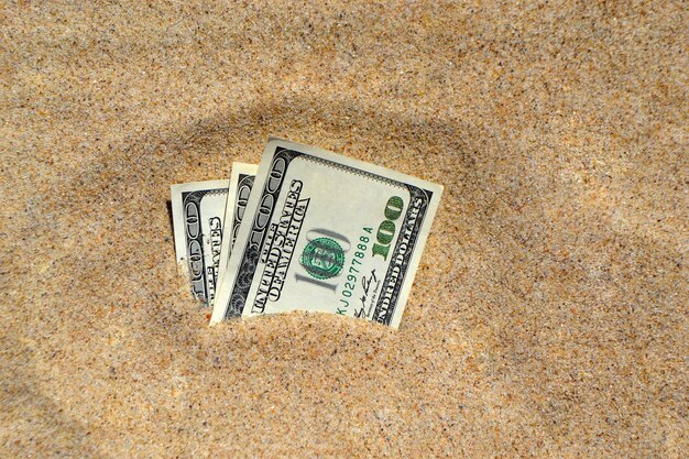 Money dolars half covered with sand lie on beach close-up