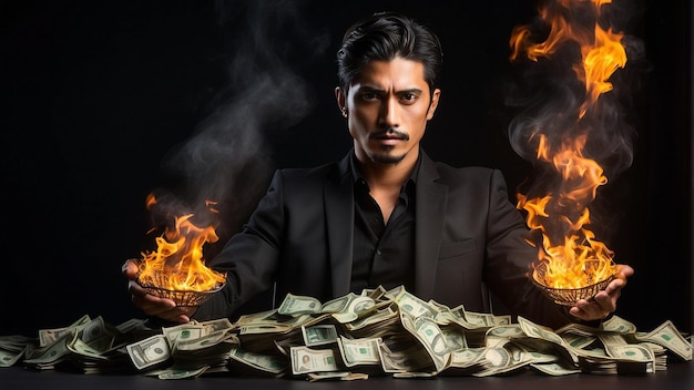 Photo money dollar and man in black suit on flame background
