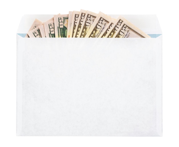 Money dollars in paper envelope on a white background