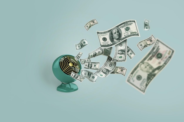 Foto soldi buttati giù il concetto perdere soldi un'idea creativa ventilatore vintage che soffia e dollari in contanti che volano idea creativa crisi e gestione finanziaria soldi al vento