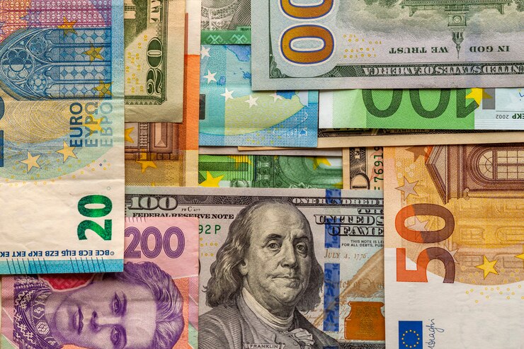 Photo money and finances concept. one hundred dollar new bill on colorful abstract background of ukrainian, american and euro national currency banknotes.