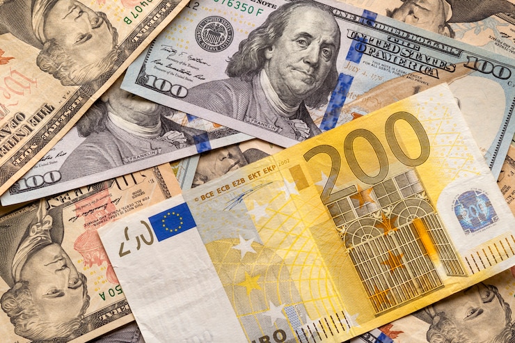 Photo money and finances concept. two hundred euro new bill on colorful abstract background of american national currency, dollar banknotes.