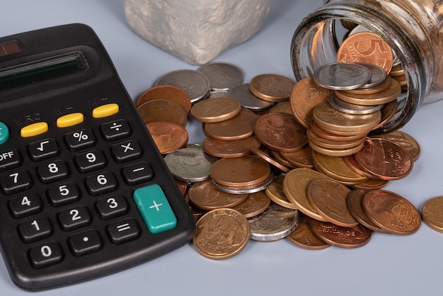 Money financial business growth concept coins in glass jar with calculator