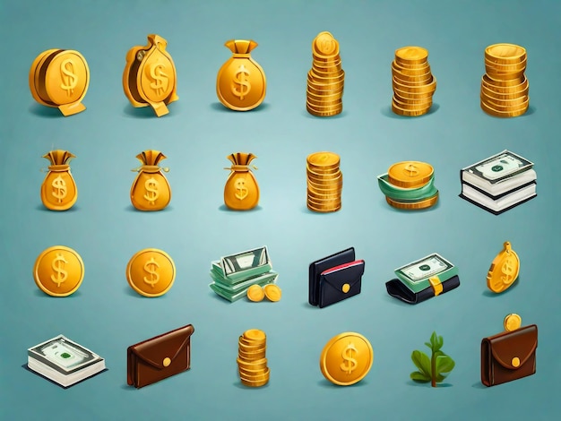 Photo money or financial vector icon set and dollar coin money stack wallet banknote finance symbols