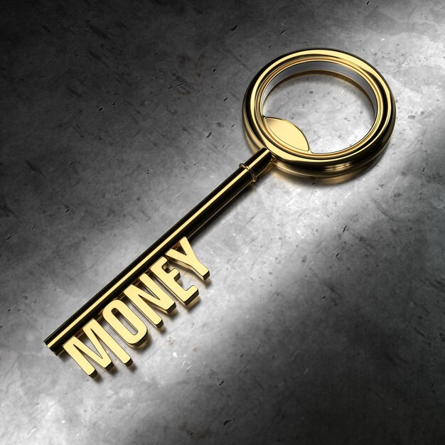 Money - Golden Key on Black Metallic Background. 3D Rendering