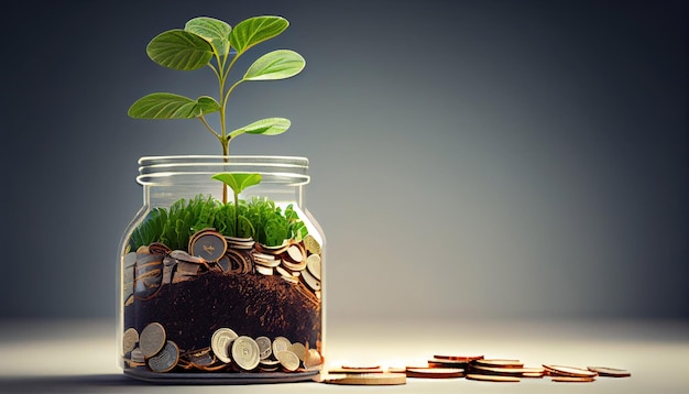 Generative AI 기술을 사용한 은행 개념의 예금 동전으로 성장하는 식물 단계