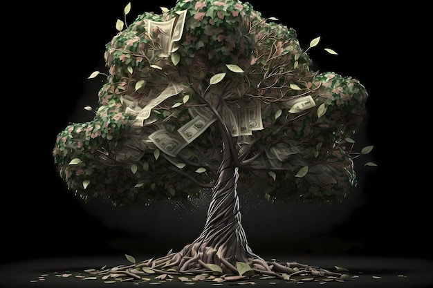 Money growing on tree concept Money tree or cash tree with dollars isolated on black background