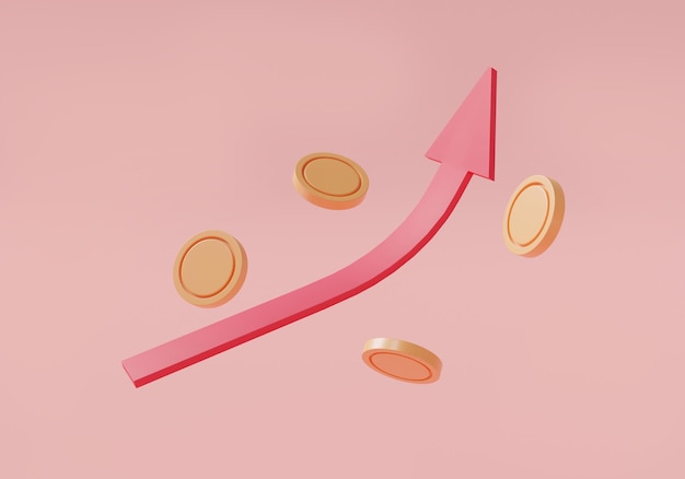 Money growth concept red up arrow and coin stacks financial\
success economic growth online payment business money investment\
profit coin cash 3d icon render illustration cartoon minimal