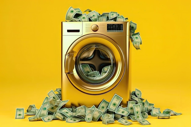 Photo money laundering concept washing machine and money banknotes generative ai