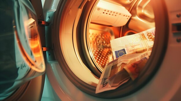 Photo money laundering many euro banknotes in washing machine generative ai