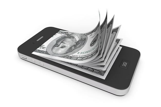 Money in Mobile Phone on a white background