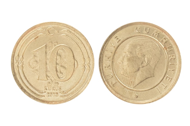 Фото Деньги турции. монета 10 йени курус лираси на белой изолированной поверхности