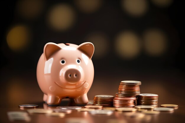 Money pig with coins background