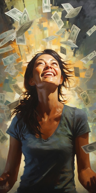 Photo money rain woman happy laughing throwing money in the air