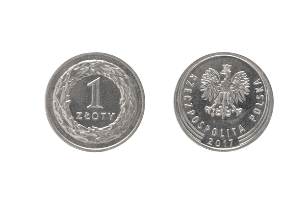 Money of the Republic of Polska. coin 1 zloty on a white isolated surface.