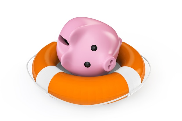 Money Save concept. Piggy bank with the lifebuoy on a white background