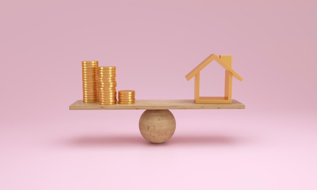 Money saving and cashflow concept Golden coin and gold house on balancing scale on pink background