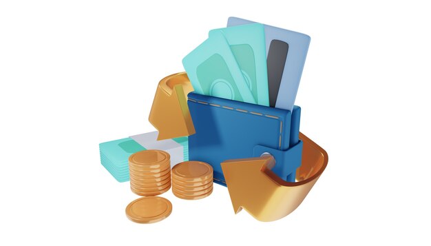 Foto concetto dell'icona di risparmio di denaro. portafoglio, banconota, pila di monete e carta di credito. illustrazione 3d.