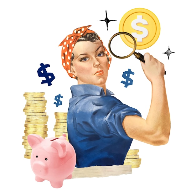 money saving solution png woman holding magnifying glass collage transparent background remixed by rawpixel