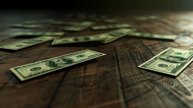 Photo money scattered on a wooden table the money is in various denominations the background is out of focus