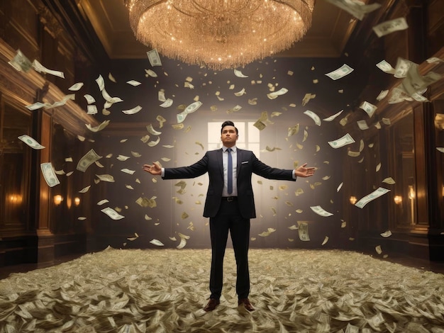 Money Shower at the Office Surrounded by Falling Bills