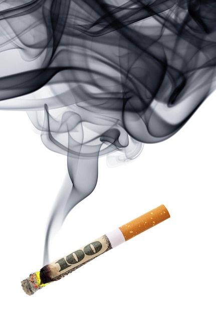 Money for smoke - cigarette stub with smoke isolated over the white background