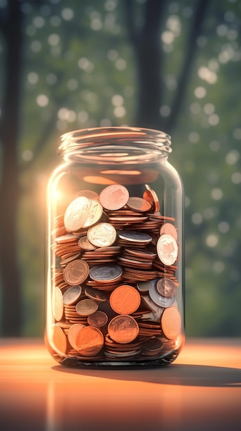 Money stash Glass jar filled with coins blurred background saving Vertical Mobile Wallpaper