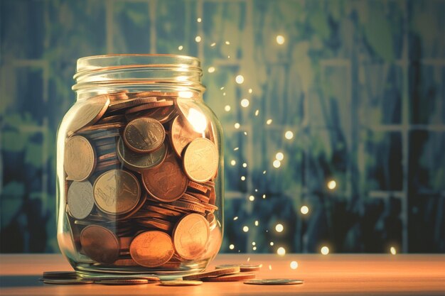 Money stash Glass jar filled with coins blurred background saving