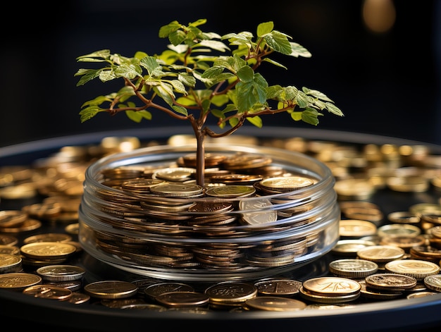 Photo money tree on the background of coins generative ai