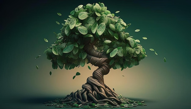 a money tree growing from pile of money on green background