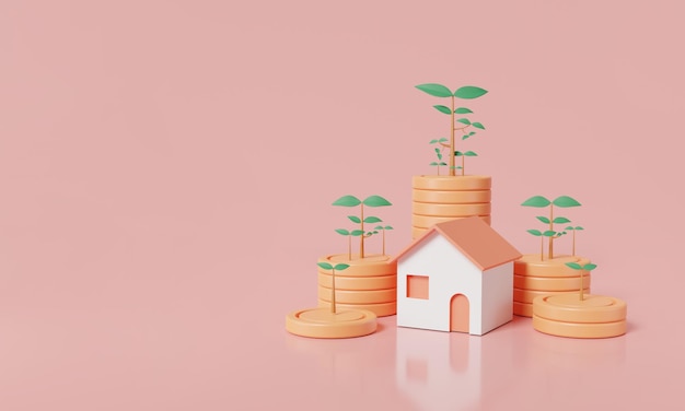 돈 나무 식물과 분홍색 배경에 집 부동산 개념 주거 금융 경제 주택 부동산 투자에 대한 비즈니스 대출 저축 돈 운전 자본 3D 렌더링 그림