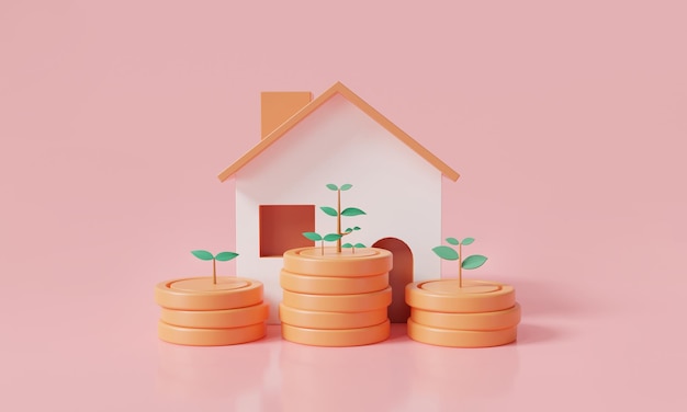 Money tree plant and home on pink background Business loans for real estate concept residential finance economy home property investment Saving money working capital 3D rendering illustration