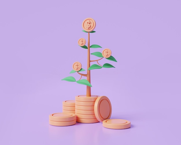 紫色の背景に金のなる木植物貯蓄お金の概念金融持続可能な開発ストレージお金ビジネスお金投資経済成長3dレンダリングイラスト