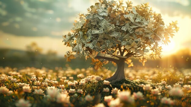 A money tree that blooms with currency notes during the financial harvest season