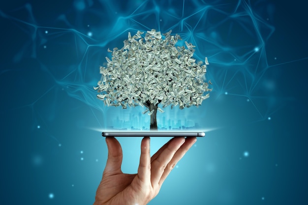 A money tree with dollars instead of leaves grows from a smartphone, work online