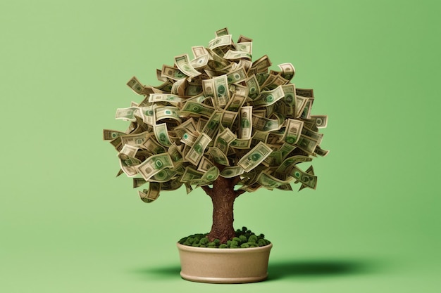 Money tree with dollars instead of leaves on a lightgreen empty background AI generative