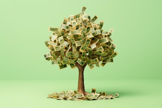 Money tree with dollars instead of leaves on a lightgreen empty background AI generative