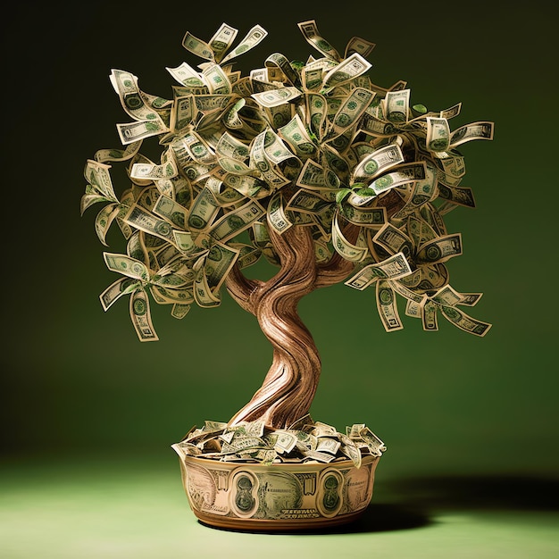 A money tree with a lot of bills on it