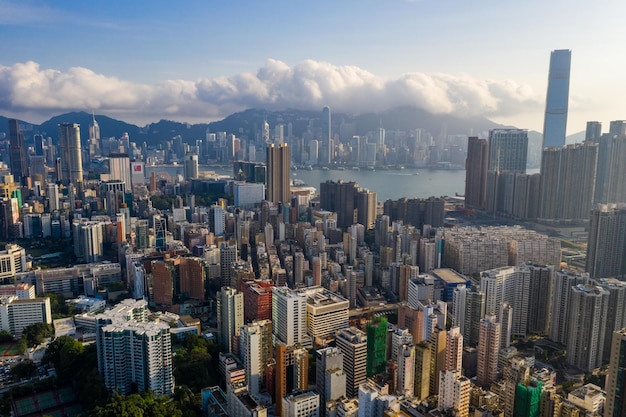 Mong Kok, Hong Kong 04 September 2018:-Drone fly over Hong Kong downtown