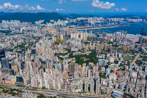 Mong Kok, Hong Kong 10 September 2019: Drone fly over Hong Kong city