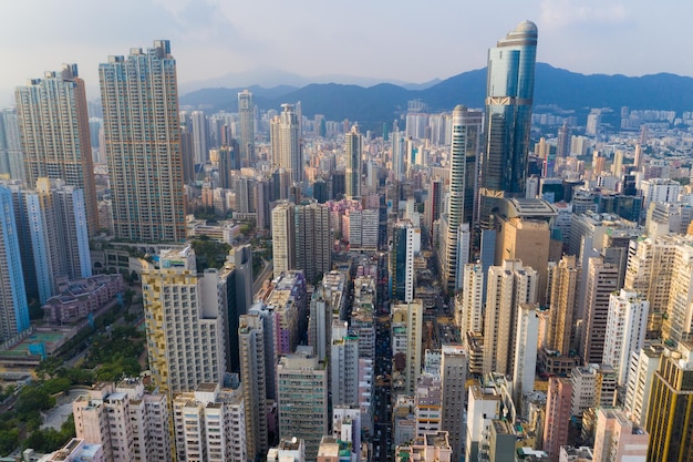 Mong Kok, Hong Kong 25 September 2020: Aerial view of Hong Kong city