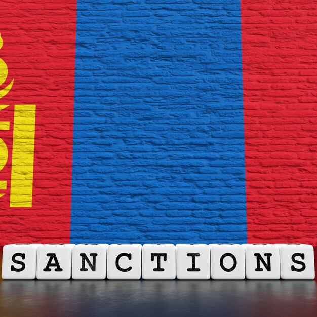 Mongolia Flag on Bricks Wall With Sanctions