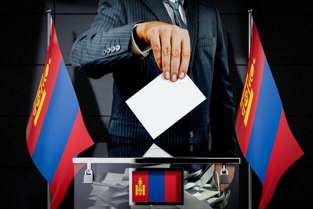 Mongolia flags hand dropping voting card election concept 3D illustration