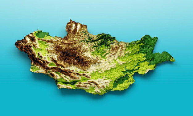 Mongolia Map Shaded relief Color Height map on the sea Blue Background 3d illustration