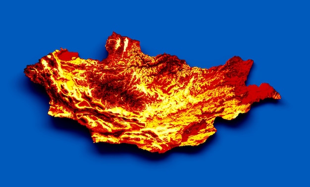 Photo mongolia map with the flag colors yellow blue and red shaded relief map 3d illustration