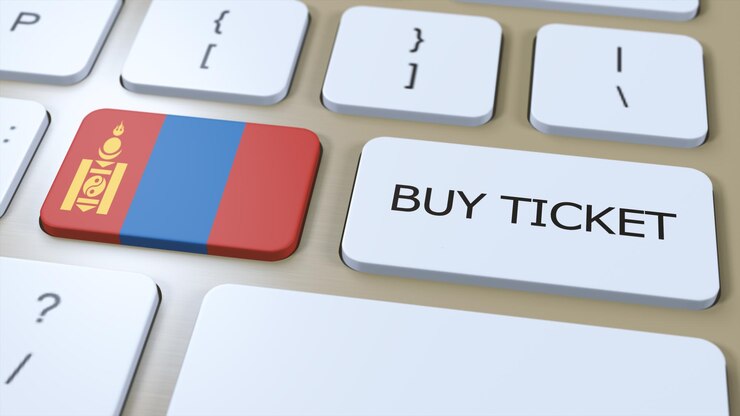 Photo mongolia national flag and button with text buy ticket 3d illustration concept