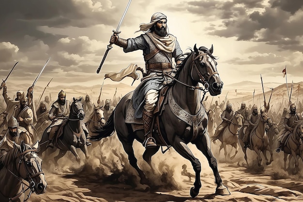 Mongolian army led by Ancient cavalry of armed horseback soldiers on horses of historic Mongol army in combat created