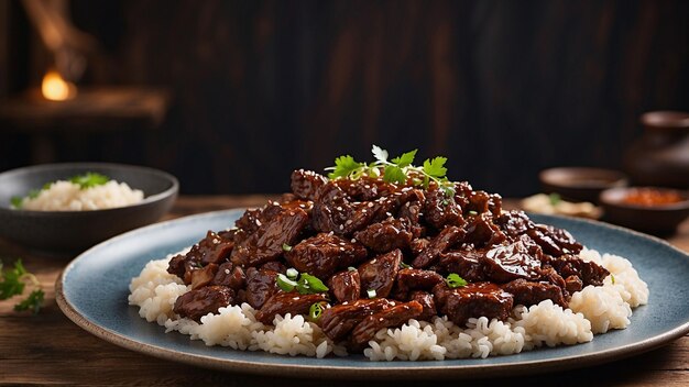 Mongolian Beef from a side perspective elegantly plated on a wooden surface the luscious carameliz