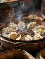 Photo mongolian buuz steamed dumplings filled with meat served on a bamboo steamer tray a traditional and delicious dish from mongolia