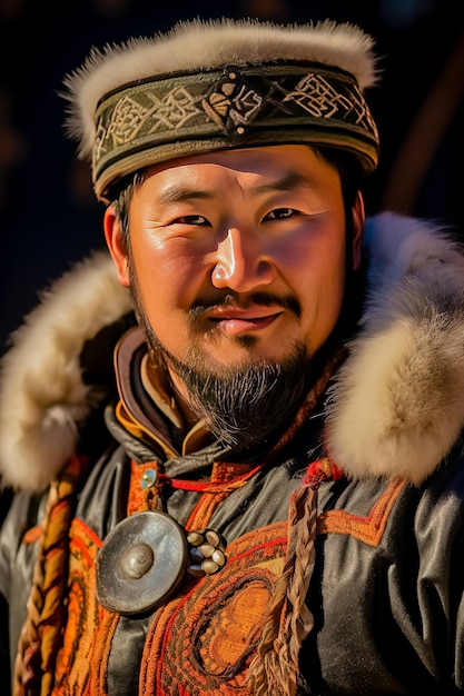 Premium Photo | Mongolian man in traditional wear close up portrait